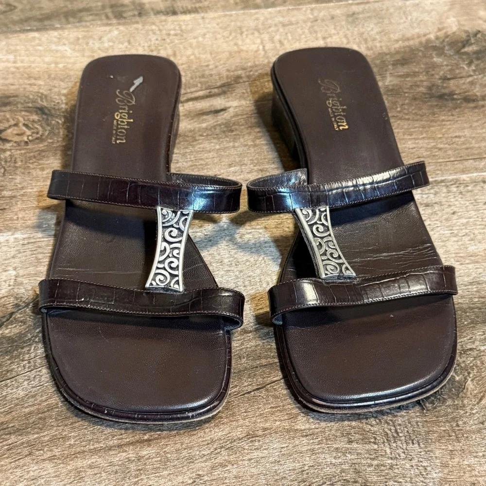 Brighton Dark Brown Croc-Trim Slide Sandals with Silver-Tone Accent